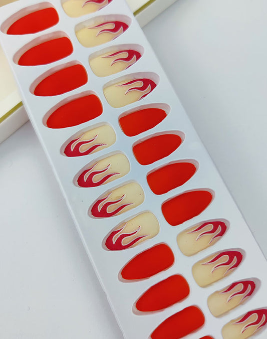 Red & Off White Artificial Printed Nails
