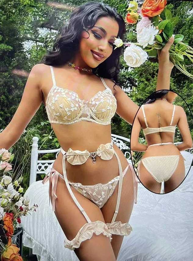 3 Piece Lace Lingerie Set With Garter Belts