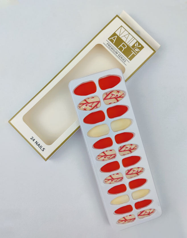 Red & Milky White Artificial Printed Nails