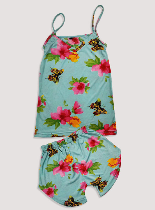 Sexy Flower Sleepwear Braces Shirts + Shorts Underwear (Minor Defected)