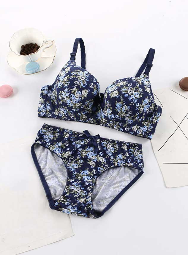 Rose Flower Printed Multi Color Pushup Bra Set