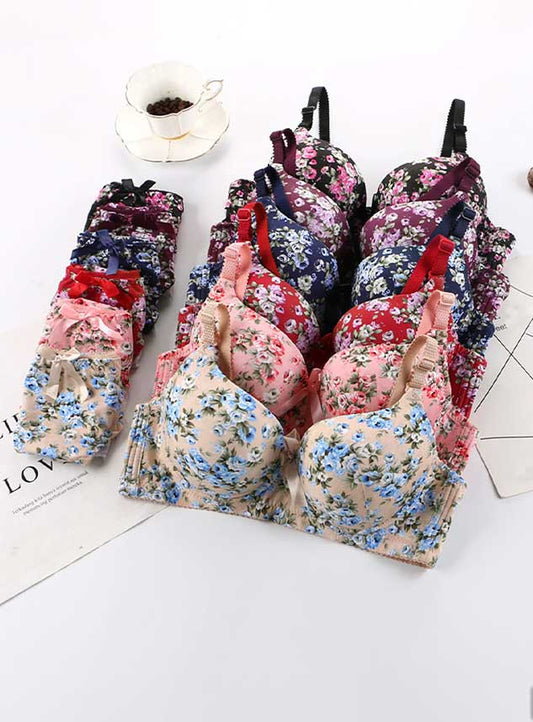 Rose Flower Printed Multi Color Pushup Bra Set
