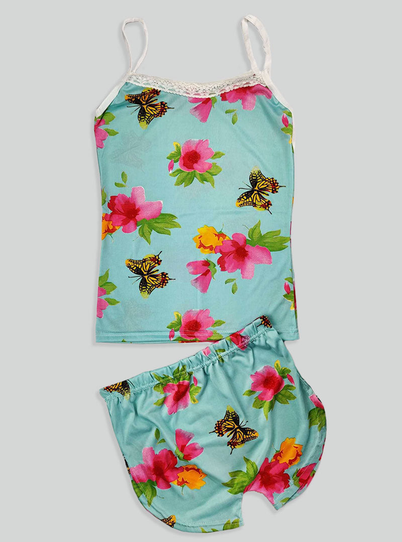 Sexy Flower Sleepwear Braces Shirts + Shorts Underwear