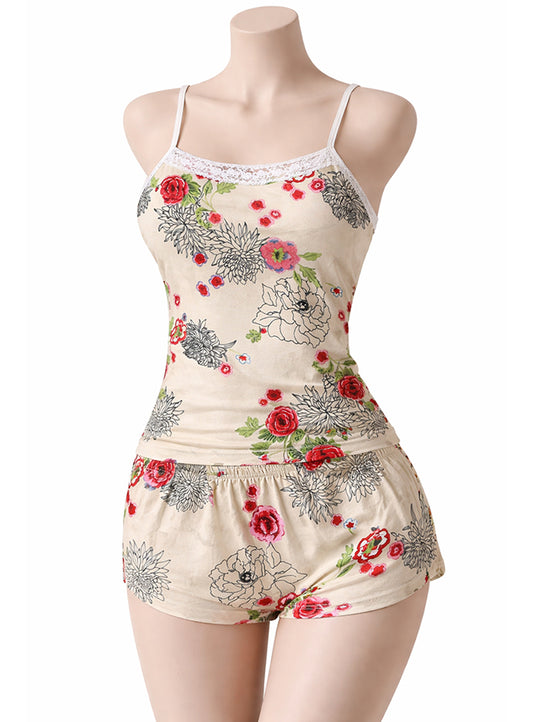 Sexy Flower Sleepwear Braces Shirts + Shorts Underwear