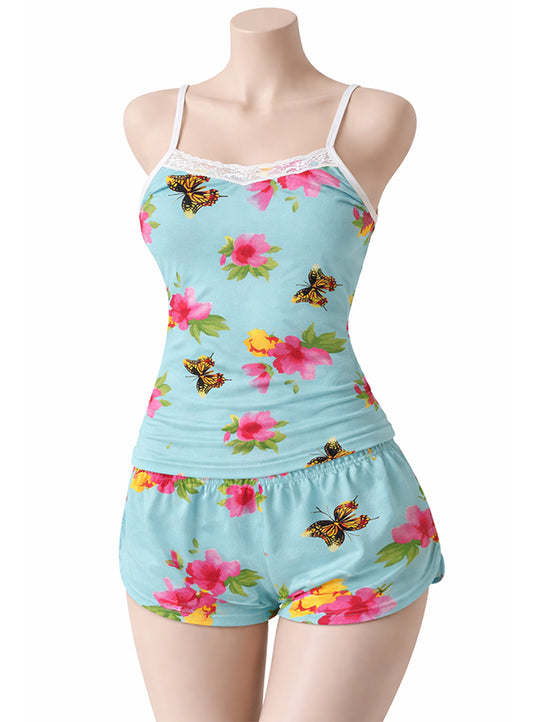 Sexy Flower Sleepwear Braces Shirts + Shorts Underwear