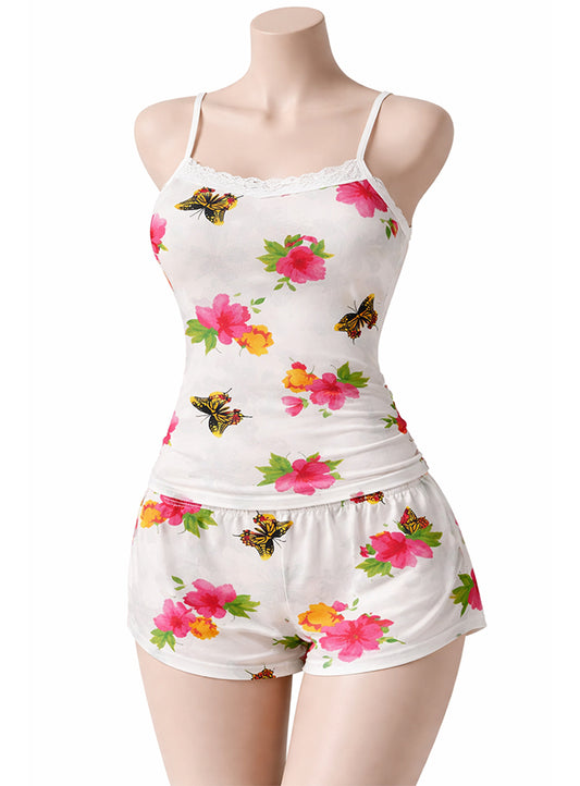 Sexy Flower Sleepwear Braces Shirts + Shorts Underwear