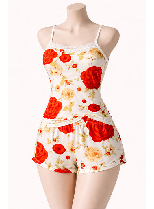 Sexy Flower Sleepwear Braces Shirts + Shorts Underwear