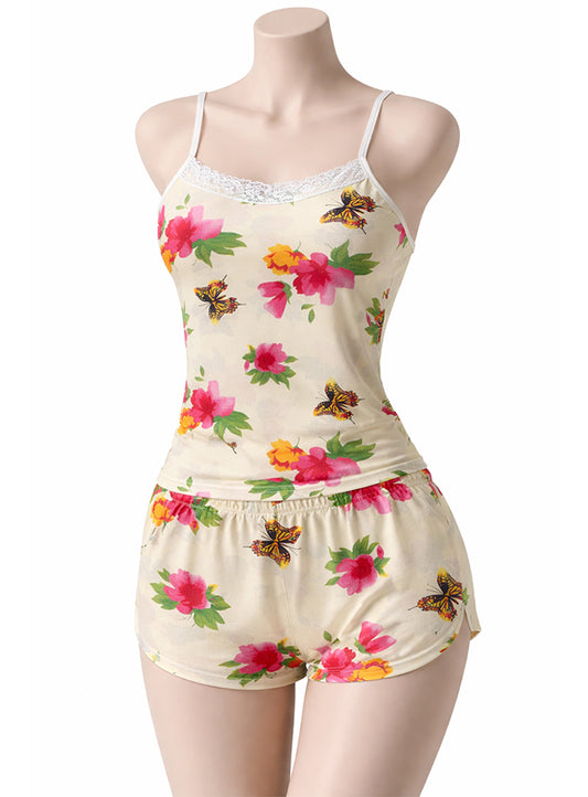 Sexy Flower Sleepwear Braces Shirts + Shorts Underwear