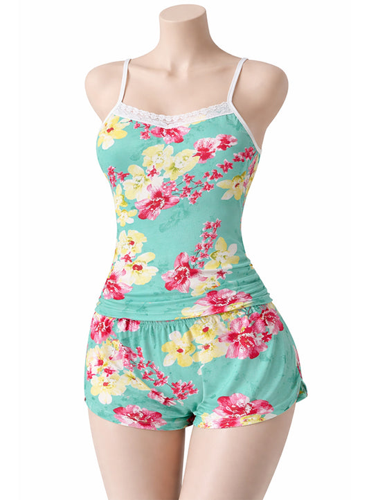 Sexy Flower Sleepwear Braces Shirts + Shorts Underwear
