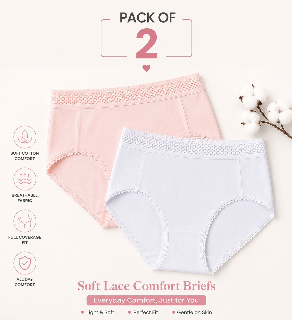 Soft Lace Comfort Briefs Pack of 2
